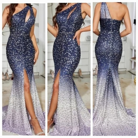 Blue, Diagonal Collar, Sleeveless, Gradient,  Mermaid Sequined Gown - Picture 2 of 16